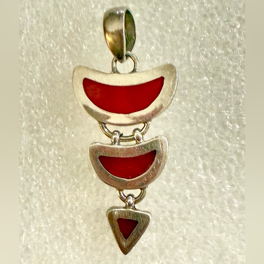 Southwestern Sterling Silver Mediterranean Red Coral Vintage Chandelier Pendant - Picture 5 of 7